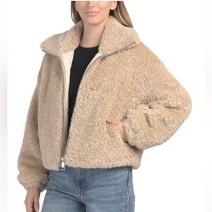 Rebecca Minkoff vegan fur cropped zip jacket cream natural coat NWT